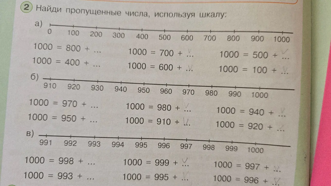 Найди пропущенные числа, используя шкалу в задании а