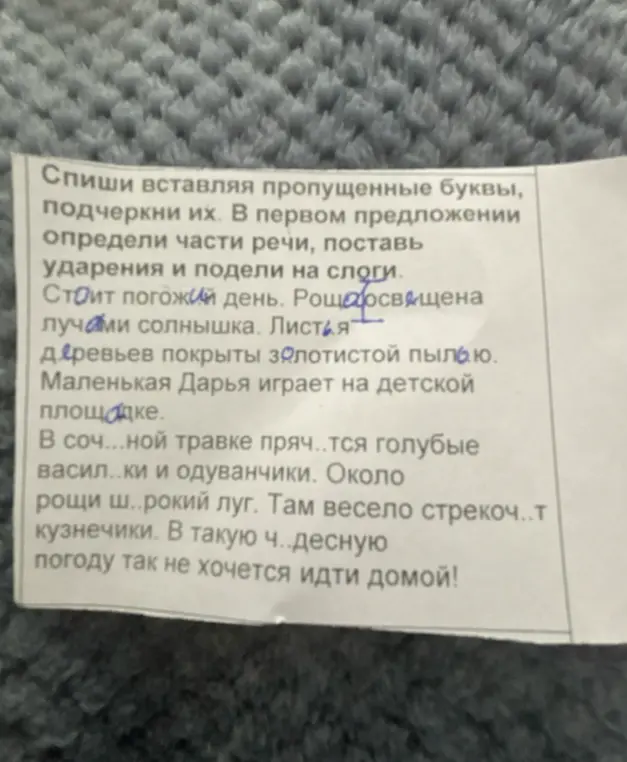 Помоги вставить пропущенные буквы в тексте и определить части речи в первом предложении.