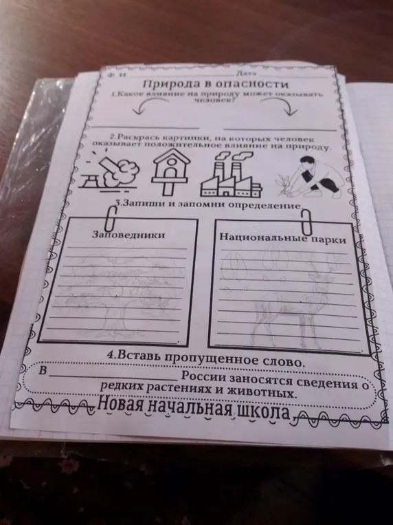 Ты просишь ответить на вопросы и выполнить задания про влияние человека на природу, заповедники и национальные парки, а также про Красную книгу.