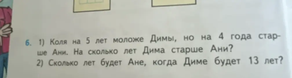 Реши задачу: Коля на 5 лет моложе Димы, но на 4 года старше Ани. На сколько лет Дима старше Ани?