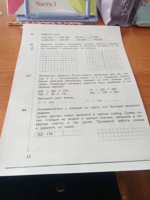 Выполни задания: сравни числа, определи действие в равенствах древнего Египта, заполни таблицу суммой чисел