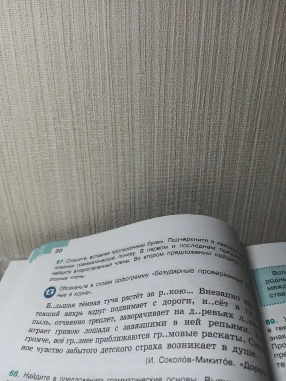 Мне нужно списать текст, вставляя пропущенные буквы, подчеркнуть в каждом предложении грамматическую основу и найти второстепенные члены в первом и последнем предложении.