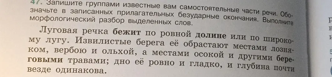 Выполни морфологический разбор выделенных слов в предложении: Луговая речка бежит по ровной долине или по широкому лугу.