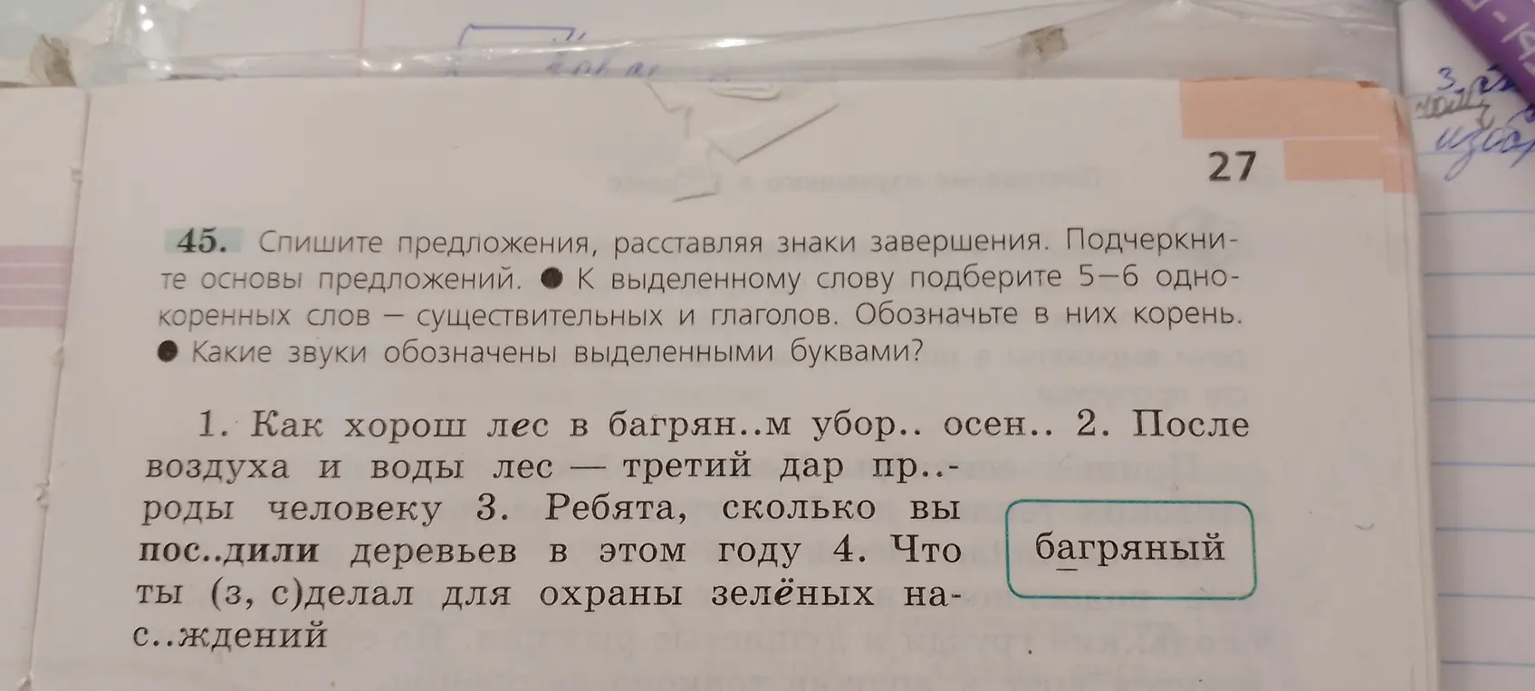 Выполни упражнение: спиши предложения, вставь пропущенные буквы, расставь знаки препинания, подчеркни основы предложений, подбери 5-6 однокоренных слов к выделенному слову, обозначь корень, определи какие звуки обозначены выделенными буквами в слове "багряный"