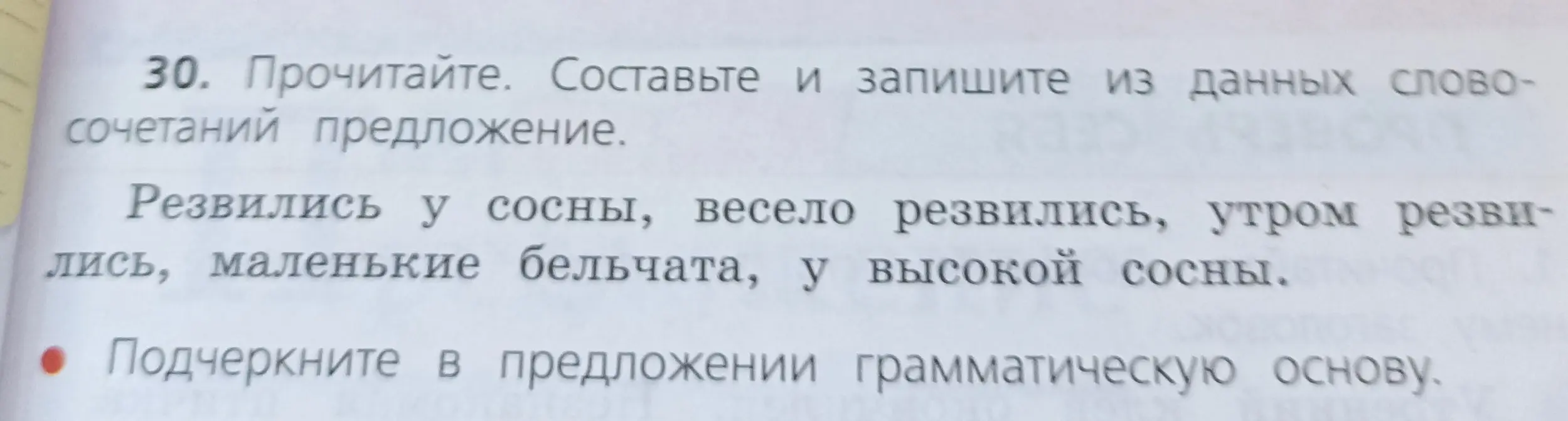 Составь и запиши из данных словосочетаний предложение: Резвились у сосны, весело резвились, утром резвились, маленькие бельчата, у высокой сосны.