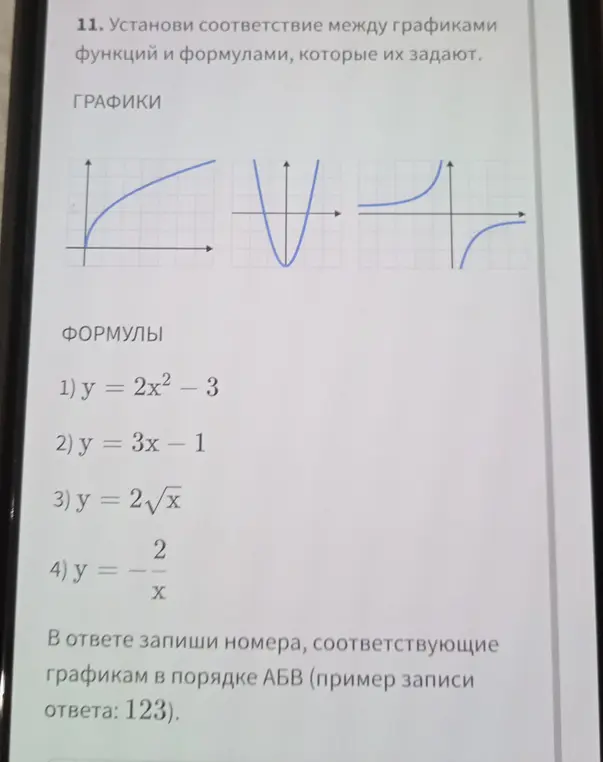 Помоги сопоставить графики функций и формулы, которые их задают.