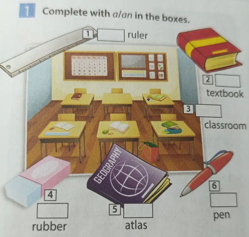 Подбери артикль a/an для слов ruler, textbook, classroom, rubber, atlas, pen