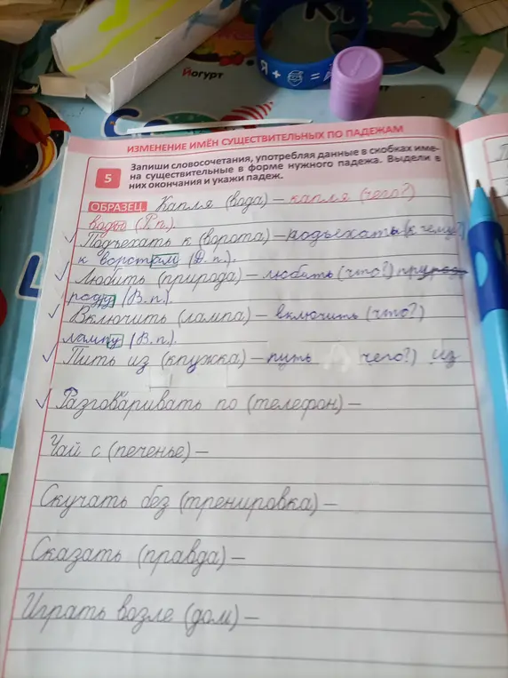Запиши словосочетания, употребляя данные в скобках имена существительные в форме нужного падежа, первое словосочетание 'Разговаривать по (телефону)'