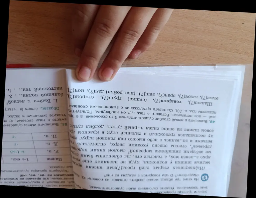 Объясни, как выполнить упражнение 49 и 51. Выпишите в левый столбик существительные 3-го склонения, а в правый — все остальные. Вставьте ь там, где он необходим. Составьте предложения с выделенными словами.
