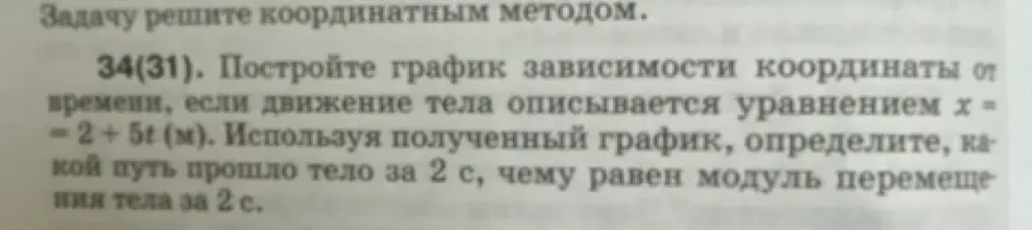 Помоги построить график зависимости координаты от времени, если движение тела описывается уравнением x = - 2 + 5t (м) и, используя полученный график, определи, какой путь прошло тело за 2 с, чему равен модуль перемещения тела за 2 с.