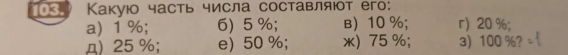 Вычисли, какую часть числа составляют 1%, 5%, 10%, 20%, 25%, 50%, 75% и 100%