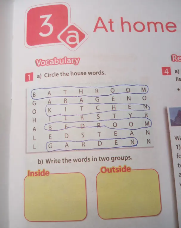 Ты просишь обвести слова, относящиеся к дому, и распределить их по группам «внутри» и «снаружи».