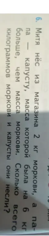 Помоги решить задачу: Митя нёс из магазина 2 кг моркови, а папа — капусту, масса которой была на 6 кг больше, чем масса моркови. Сколько всего килограммов моркови и капусты они несли?
