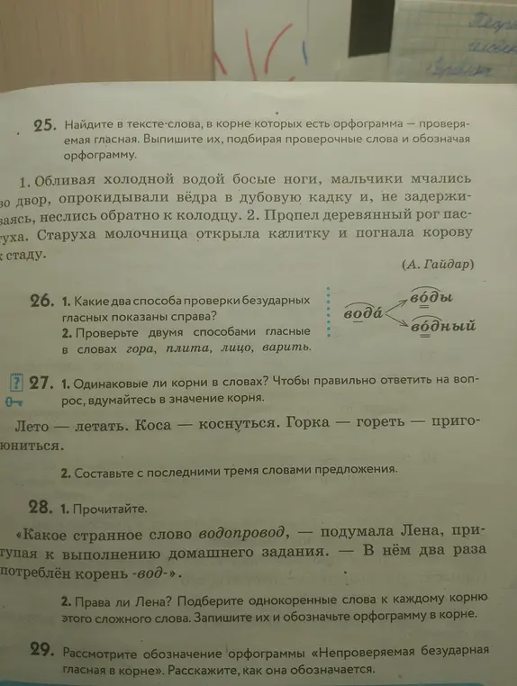 Помоги мне найти в тексте слова, в корне которых есть орфограмма — проверяемая гласная, выпиши их, подбери проверочные слова и обозначь орфограмму