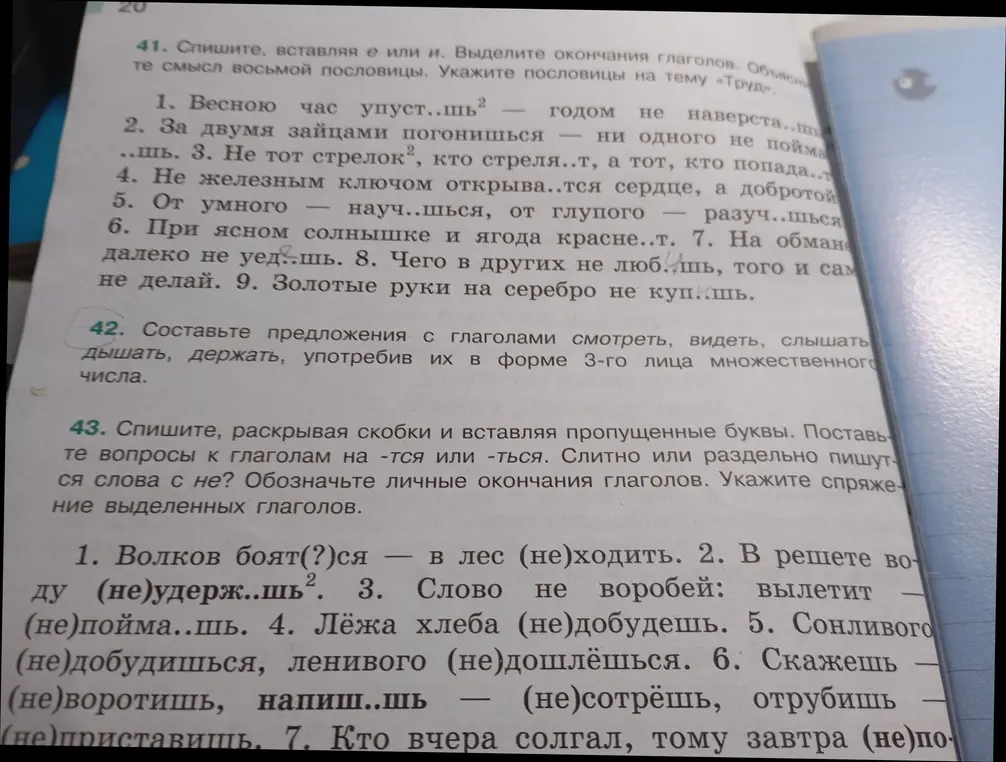 Выполни упражнения 41, 42 и 43: спиши, вставляя е или и; составь предложения с глаголами; спиши, раскрывая скобки и вставляя пропущенные буквы