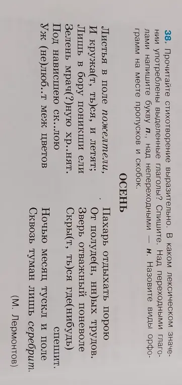 Объясни правописание пропущенных букв и скобок в стихотворении, укажи переходные и непереходные глаголы, в каком лексическом значении употреблены выделенные глаголы.