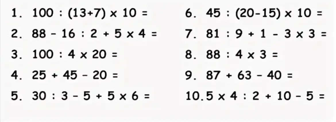 Помоги решить примеры: 100 : (13+7) x 10 =