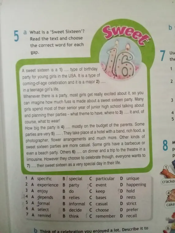 Что такое "Sweet Sixteen"? Выбери правильное слово для каждого пропуска.