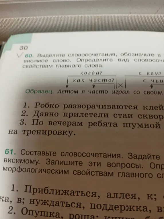 Выдели словосочетания, обозначь зависимое слово и определи вид словосочетания по свойствам главного слова в предложениях: "Робко разворачиваются клей", "Давно прилетели стаи сквор", "По вечерам ребята шумной на тренировку"