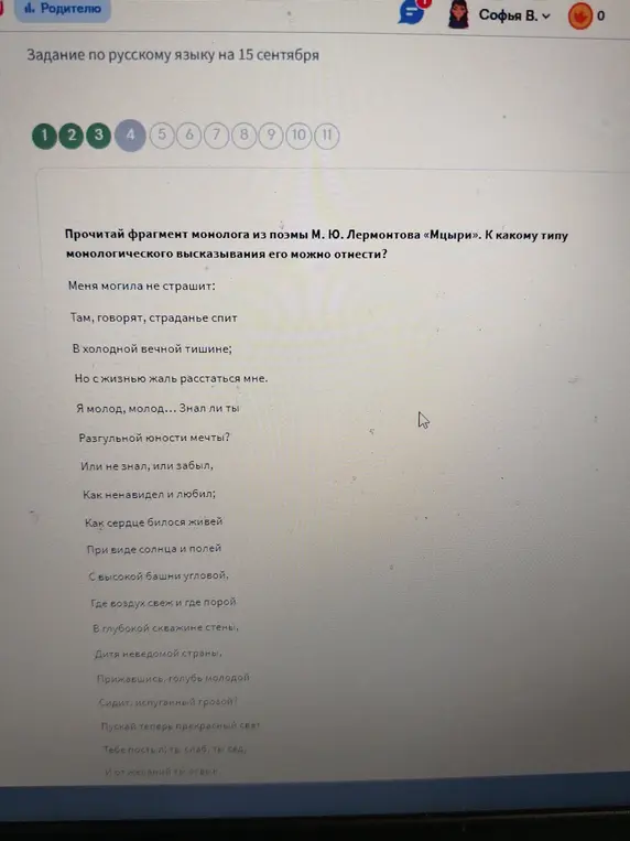 К какому типу монологического высказывания можно отнести фрагмент монолога из поэмы М. Ю. Лермонтова «Мцыри»?