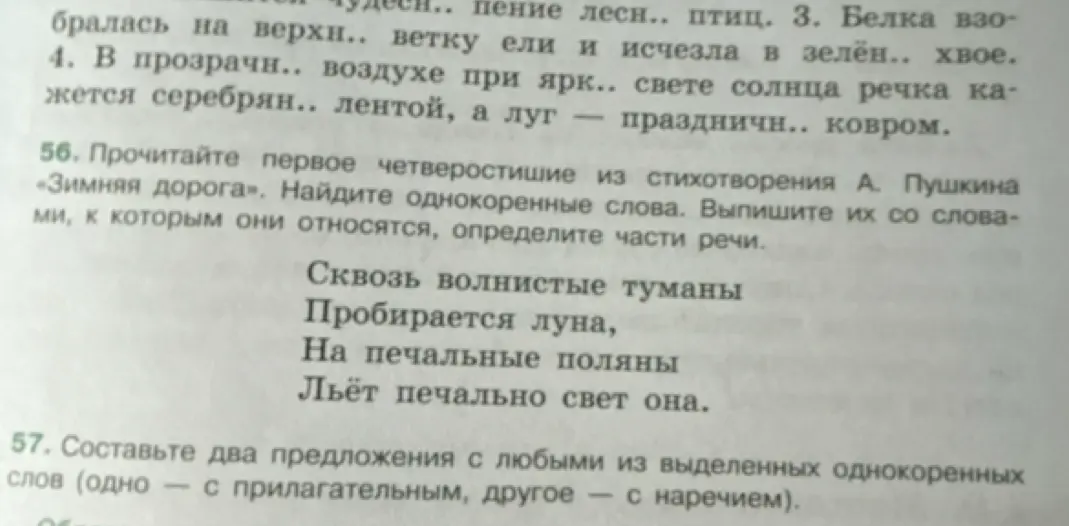 Найди однокоренные слова в стихотворении А. Пушкина "Зимняя дорога". Выпиши их со словами, к которым они относятся, определи части речи.