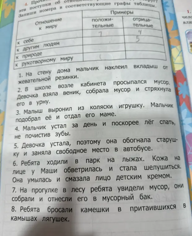 Определишь, какие поступки относятся к положительным и отрицательным в отношениях к себе, другим людям, природе и рукотворному миру