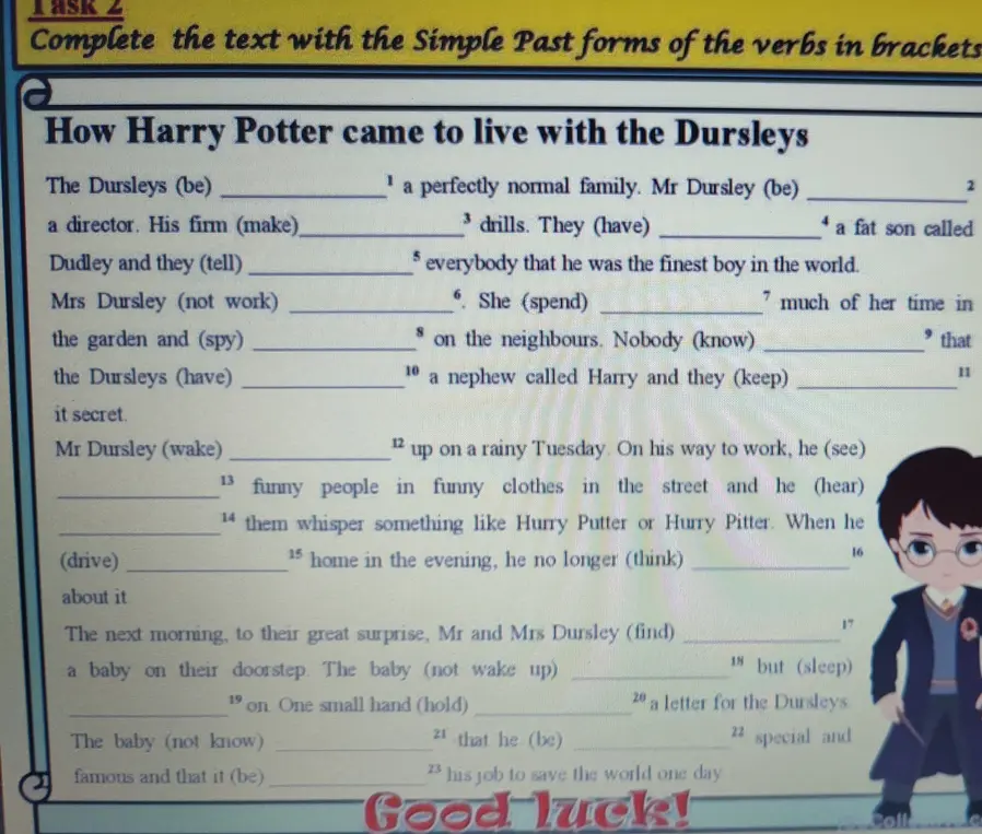 Заполни текст формами Simple Past глаголов в скобках, начиная с предложения "The Dursleys (be) a perfectly normal family"