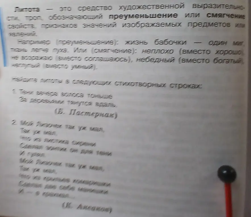Помоги мне найти литоты в стихотворных строках: 'Тени вечера волоса тоньше' и 'Мой Лизючек так уж мал, Так уж мал, Что из листика сирени Сделал зонтик он для тени И гулял; Мой Лизючек так уж мал, Так уж мал, Что из крыльев комаришки Сделал две себе манишки И - в крахмал...'
