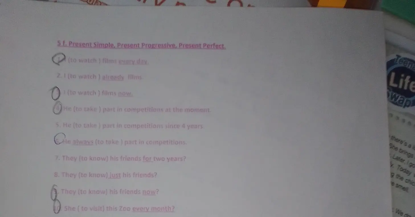 Ты просишь переделать предложения в форму present simple, present kontiniys, present perfect.