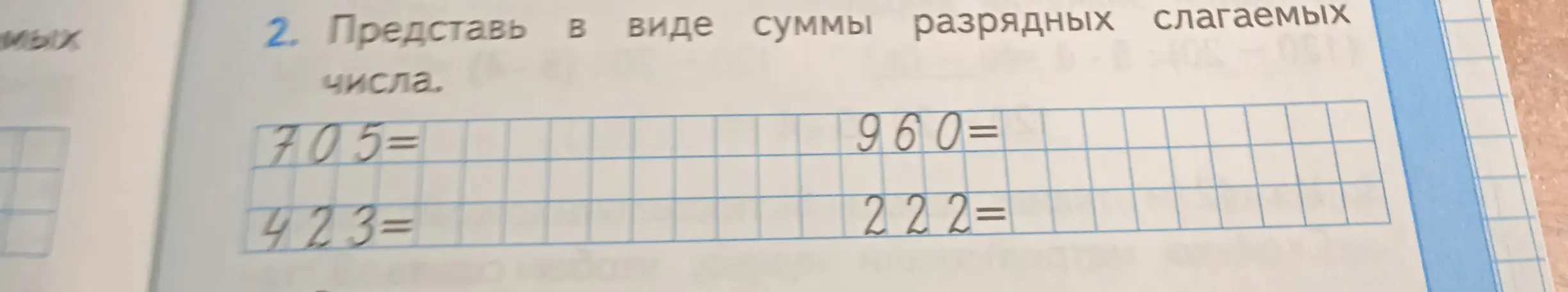 Представь числа 705, 960, 423 и 222 в виде суммы разрядных слагаемых