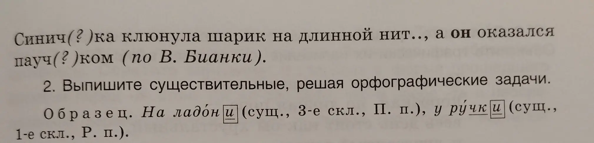 Помоги выписать существительные из текста, вставляя пропущенные буквы и определяя падеж и склонение.