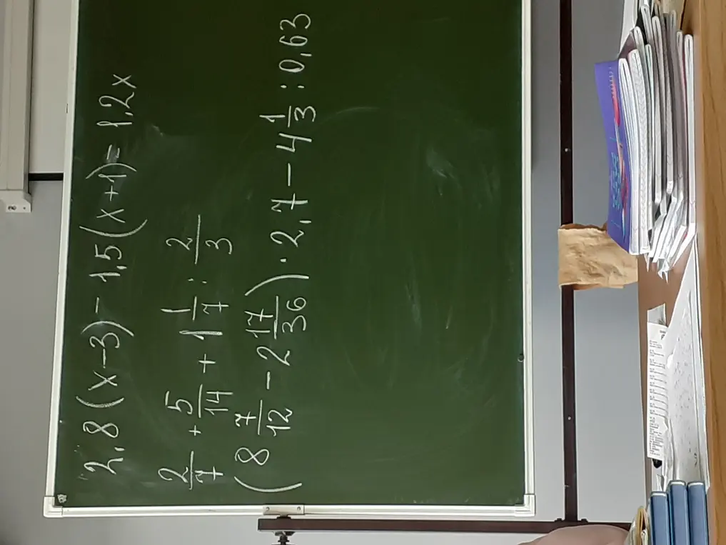 Реши уравнение 2.8 (x-3) - 1,5 (x+1)= 1,2x и пример 2/7 + 5/14 + 4 1/7 : 2/3 - (8 7/12 - 2 17/36) * 2,7 - 4 1/3 : 0,63