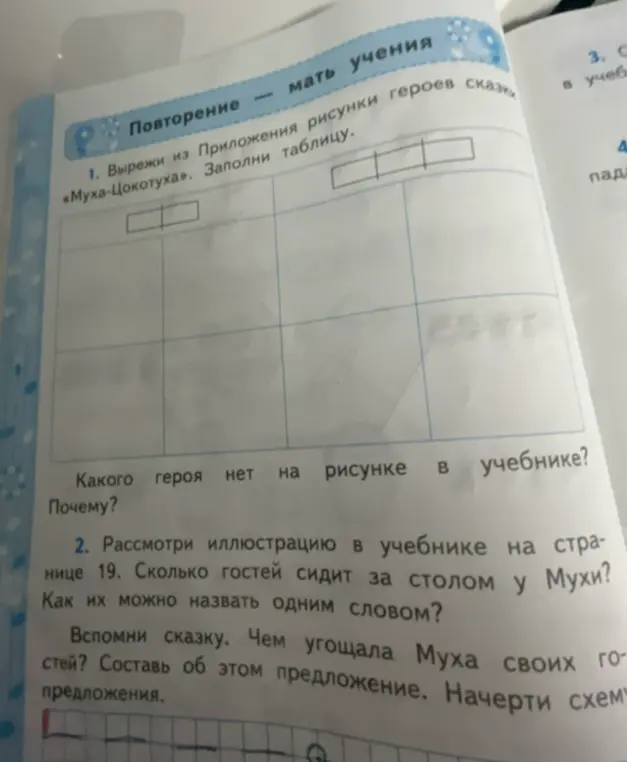 Рассмотри иллюстрацию на странице 19. Сколько гостей сидит за столом у Мухи? Чем угощала Муха своих гостей? Составь об этом предложение.