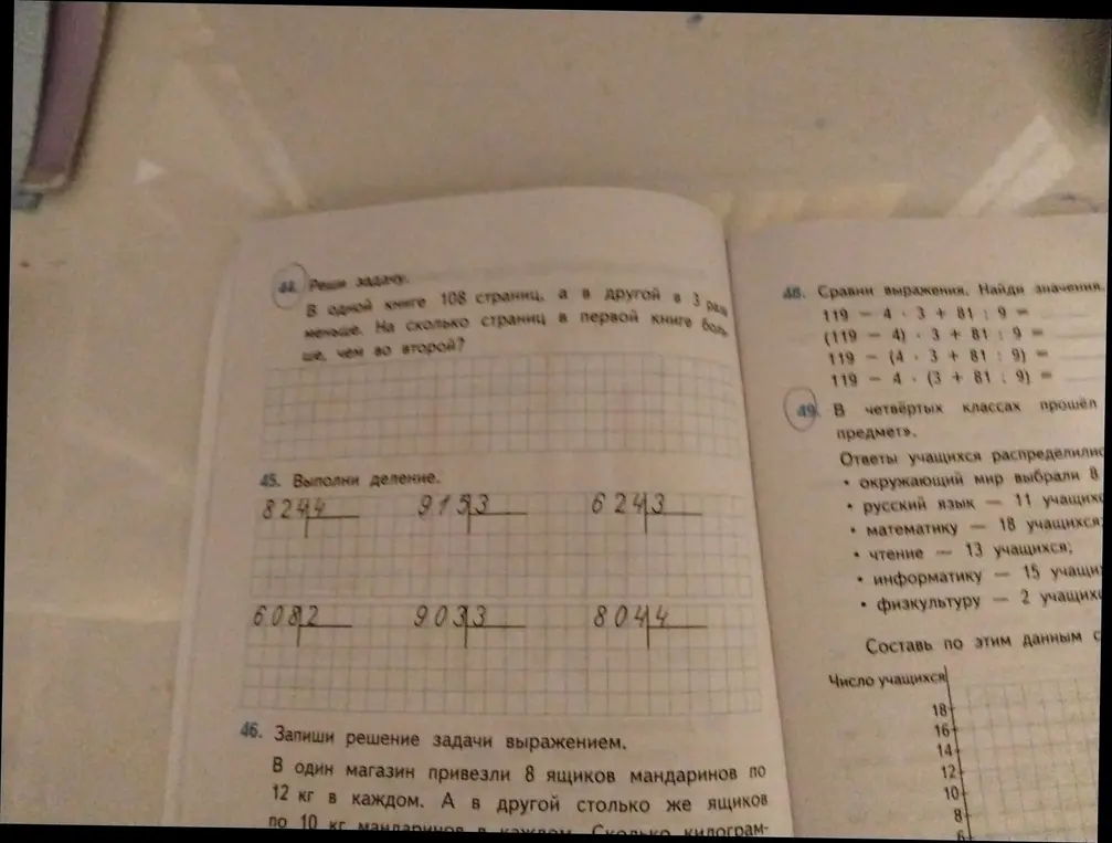 Можешь ли ты решить задачу про книги, выполнить деление, записать решение задачи про мандарины выражением, сравнить выражения и составить диаграмму?