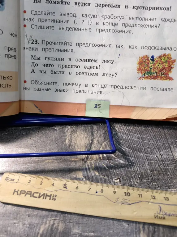 Объясни, почему в конце предложений «Мы гуляли в осеннем лесу.», «До чего красиво здесь!», «А вы были в осеннем лесу?» поставлены разные знаки препинания.