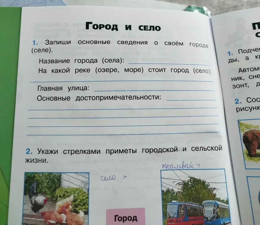 Ты просишь записать основные сведения о своём городе (селе) и указать стрелками приметы городской и сельской жизни