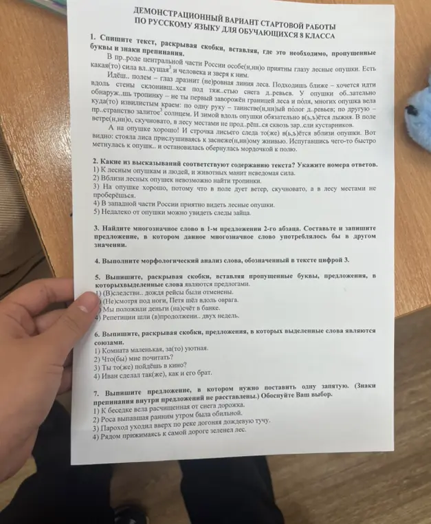 Выполни задания по русскому языку: спиши текст, укажи номера ответов, найди многозначное слово, выполни морфологический анализ, выпиши предложения и выпиши предложение, в котором нужно поставить одну запятую