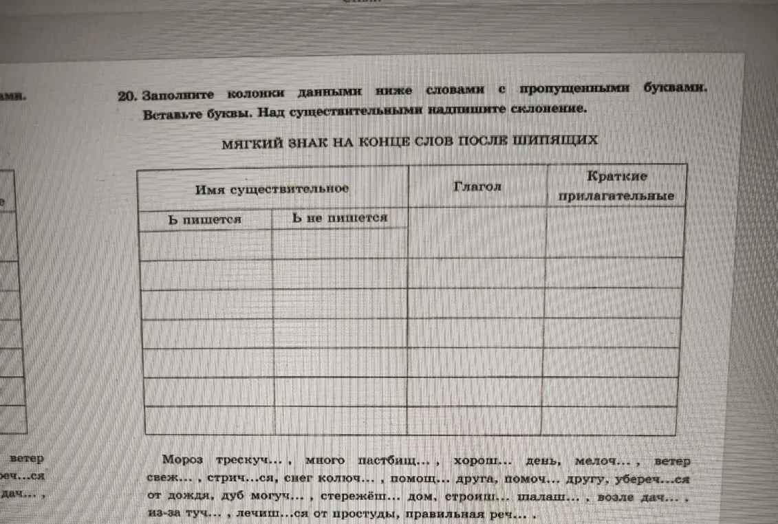 Помоги мне заполнить таблицу словами с пропущенными буквами, вставляя буквы и определяя склонение существительных в упражнении 20