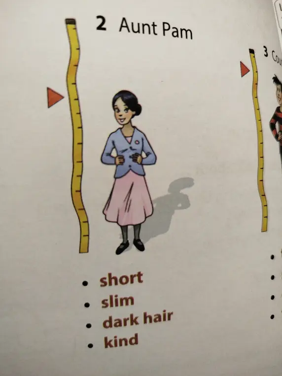 Опиши тётю Пэм, используя слова short, slim, dark hair, kind