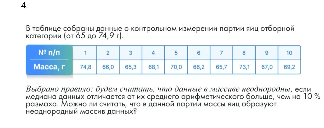 Могу ли я считать, что в данной партии массы яиц образуют неоднородный массив данных?