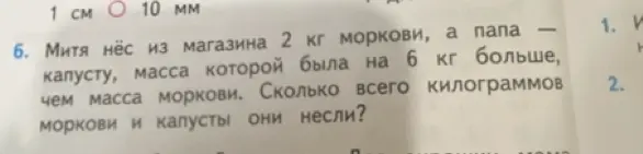 Ты просишь решить задачу: Митя нёс 2 кг моркови, а папа - капусту, масса которой была на 6 кг больше, чем масса моркови. Сколько всего килограммов моркови и капусты они несли?