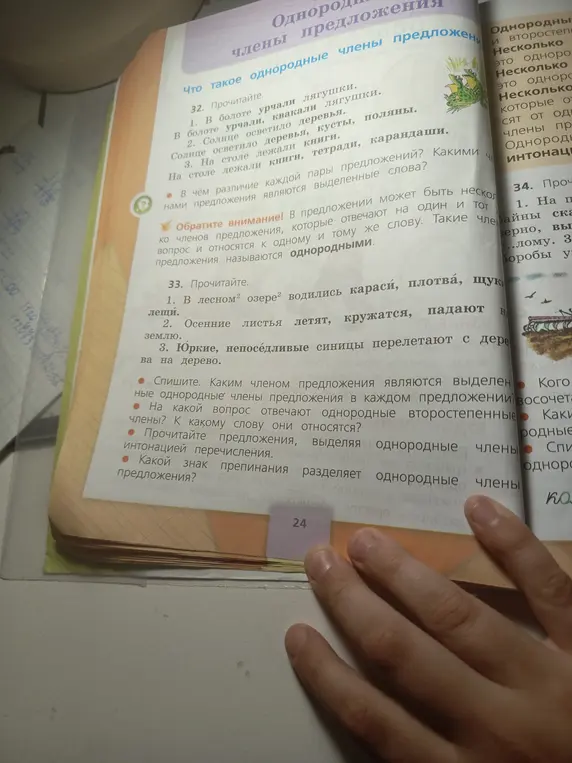 Объясни, каким членом предложения являются выделенные однородные члены предложения в каждом предложении в упражнении 33