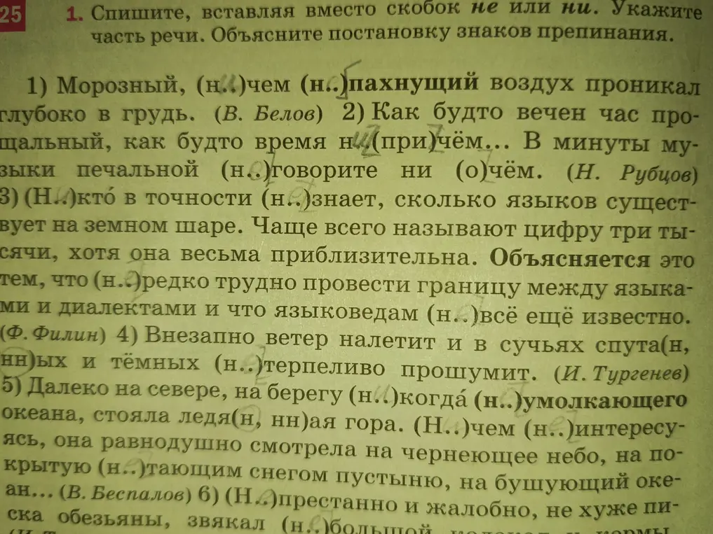В первом предложении нужно вставить «не» или «ни» вместо скобок: Морозный, (н..) чем (н..) пахнущий воздух проникал глубоко в грудь.