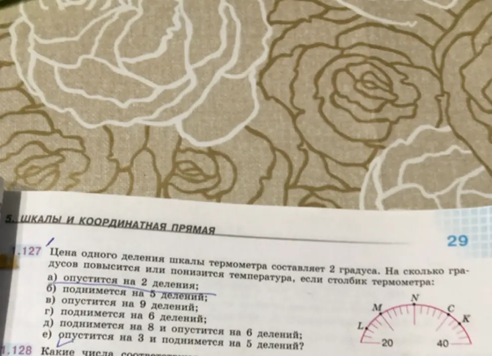 Определи, на сколько градусов повысится или понизится температура, если цена одного деления шкалы термометра составляет 2 градуса, а столбик термометра опустится на 2 деления