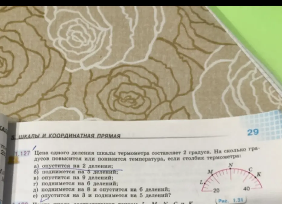 Объясни, на сколько градусов повысится или понизится температура, если столбик термометра опустится на 2 деления