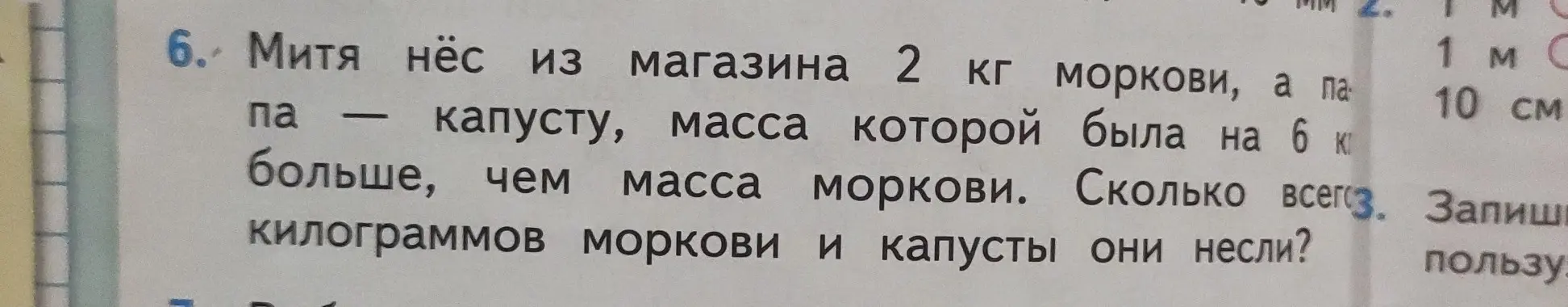 Реши задачу: Митя нёс из магазина 2 кг моркови, а папа — капусту, масса которой была на 6 кг больше, чем масса моркови. Сколько всего килограммов моркови и капусты они несли?