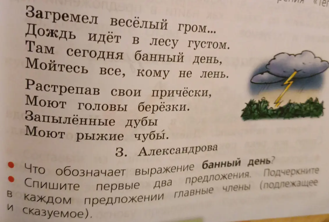 Объясни, что обозначает выражение 'банный день' и подчеркни главные члены в первых двух предложениях
