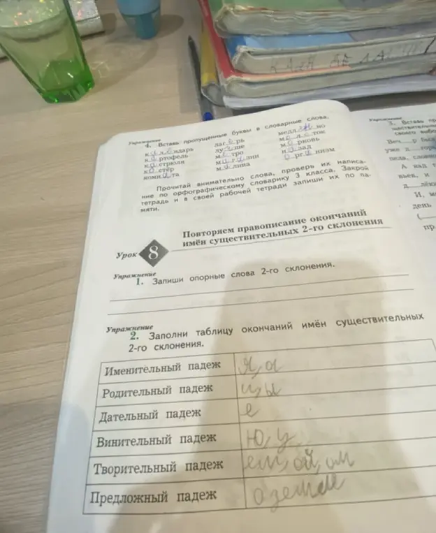 Заполни таблицу окончаний имён существительных 2-го склонения.
