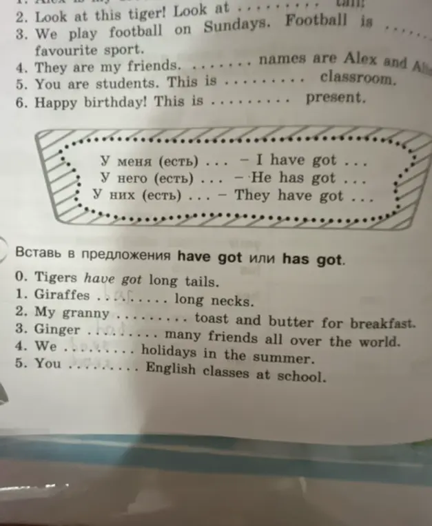 Ты просишь вставить в предложения have got или has got, например: Giraffes...long necks.
