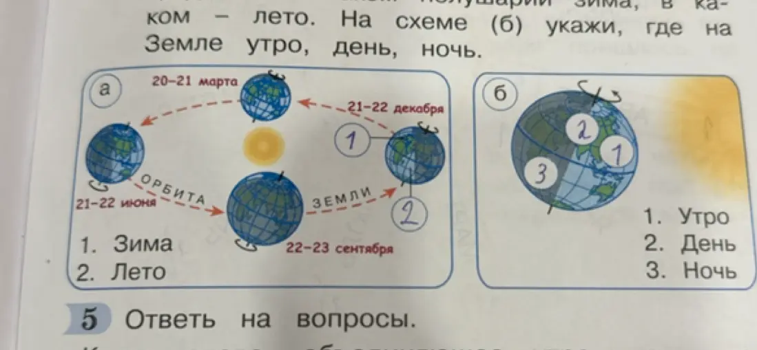 Объясни, где на схеме (б) утро, день и ночь